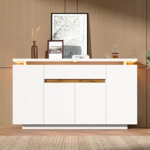 Buffet Bas 140x40x80 cm avec &Eacute;clairage LED - Commode 1 Tiroir de Rangement 4 Portes et 2 &Eacute;tag&egrave;res R&eacute;glables - Salon Cuisine - Blanc