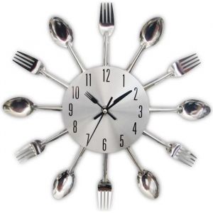 Horloge de cuisine effet miroir en forme de cuill&egrave;re fourchette couverts Parfait pour d&eacute;coration de la maison 32*32*4CM