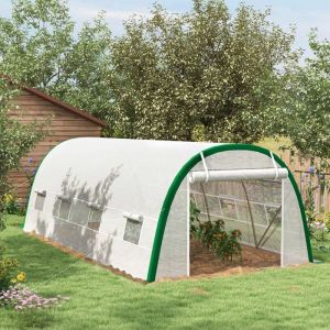 Serre de Jardin Tunnel 18 m&sup2; dim. 6L x 3l x 2H m - 8 fen&ecirc;tres Porte zipp&eacute;e Enroulable Acier galvanis&eacute; b&acirc;che PE Blanc