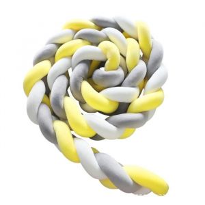 3M Tour de Lit Coussin Serpent Coussin Tress&eacute; Pare-chocs Velours Protection B&eacute;b&eacute; -Blanc gris jaune