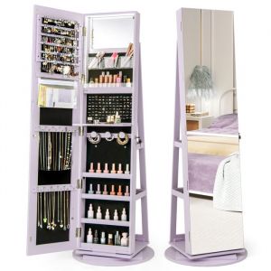 3 en 1 Armoire &agrave; Bijoux sur Pieds COSTWAY Pivotante &agrave; 360&deg; Lumi&egrave;res LED 3 Couleurs Verrouillable Rangement Arri&egrave;re Violet