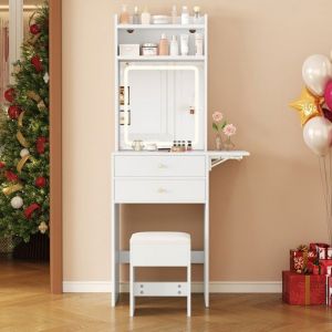 Coiffeuse LED blanche O.Ye 75x156x45cm avec tabouret-2 tiroirs2 compartiments ouverts et plateau pliable de multicolore COIFFEUSE