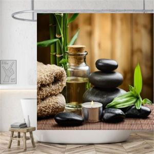 Rideau de douche Spa zen bois bambous pierres bougie relaxation anneaux inclus 3D effect imperm&eacute;able 180 x 200 cm