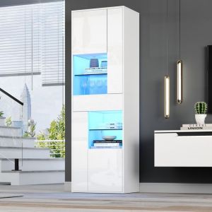 Vitrine design brillant meuble haut avec 1 tiroir et 4 compartiments vitrine en verre avec &eacute;clairage LED meuble de salon blanc