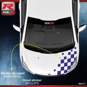 Sticker capot pour PEUGEOT 208 207 et 206 damier - MARINE - Autocollant bas de caisse avec 2 logos Run-R inclus