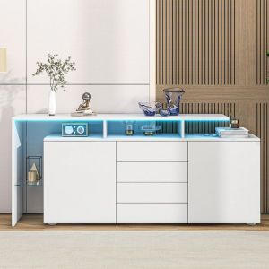 Buffet avec éclairage LED meuble de salon blanc laqué meuble TV 160×35×70 cm grand espace de rangement blanc