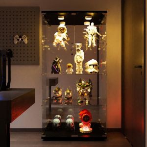 Vitrine en Verre - Vitrine avec Lumi&egrave;res LED et miroir - ADWOLT - 4 &eacute;tag&egrave;res et 2 portes - Verre Tremp&eacute; - 80.5x36.5x164cm - Noir