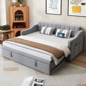 Lit Gigogne 90/180x190 cm - Lit Simple avec Lit Tiroir Ports USB et Poche de Rangement Sans Matelas - Velours Gris Clair