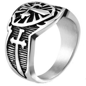 Bague chevalière homme acier bouclier blason médiévale croix fleur de lys