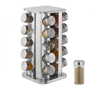 Relaxdays Tourniquet à épices avec 20 pots étagère rotative à 360° inox verre H x D 34 x 19 cm carrousel argent