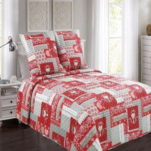 ALPES BLANC - Couvre lit Montagne rouge et gris 230x250 cm + 2 taies 65x65 cm