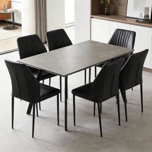 JIEXI Ensemble table et chaises de salle &agrave; manger effet b&eacute;ton gris avec 6 chaises en cuir synth&eacute;tique Noir