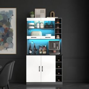Buffet de Cuisine - Nov&eacute;lys - 100x187cm - avec &Eacute;clairage LED & Rangement Modulable - Meuble Haut pour Micro-Ondes - Gris & Blanc