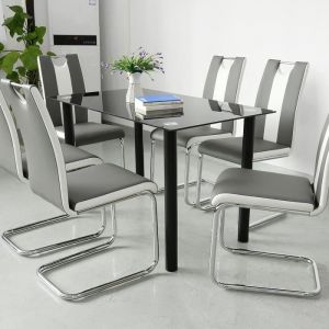 Lot de 6 chaises de salle &agrave; manger contemporaines en simili cuir gris et blanc BUL