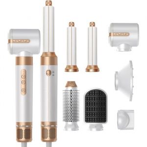 S&egrave;che Cheveux 7 en 1 Set Brosse Soufflante Rotative Malette Coiffure Professionnel Boucleur &agrave; Cheveux Peigne &agrave; Lisseur (Blanc)