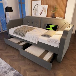 Banquette Lit avec Tiroir et LED - Lit 1 Place Simple Capitonné avec Sommier et USB - pour Ado et Adulte - Lampe de Lecture - Gris