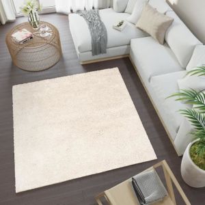 TAPISO Tapis Salon Shaggy Carré Poil Long ESSENCE Beige Uni Polypropylène Intérieur 120x120