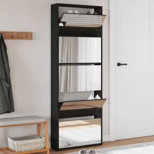 SALE 2026 Meuble &agrave; chaussures Noir - Armoire &agrave; chaussures avec miroir 5 niveaux noir 63x17x1695cm PRO927263782