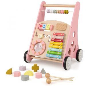 DREAMADE Chariot de Marche en Bois Bébé 1+Ans7 en 1 Trotteur Multi-Activités Tout-petits avec Boîte de Rangement&8 Blocs Rose