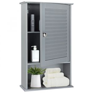 COSTWAY Armoire Murale pour Salle de Bain Armoire à Pharmacie avec Étagère Réglable Porte Persienne et Étagère Ouverte Gris