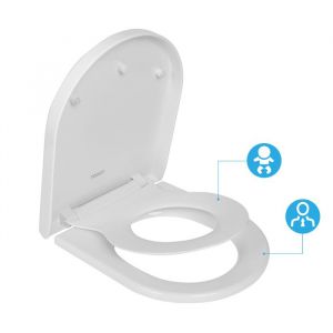 Abattant WC Familial Forme D avec Siège Enfant Magnétique Retirable Frein de Chute Charnière Réglable pour Adultes et Enfants