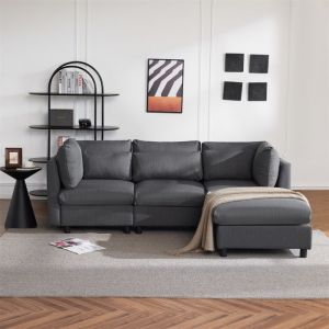 Canape 3 Places avec Pouf - Canapé dangle Convertible Réversible et modulable - Tissu en Lin - pour Salon - Gris - 220 x 83 x 81cm