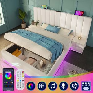 Lit Coffre 180 x 200 cm - Lit Double avec LED et Charge USB-C - M&eacute;tal Similicuir Bois Massif - Sans Matelas - Blanc