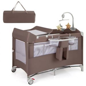 GOPLUS Lit Pliant Bébé 0-3 ans 5-en-1 avec Table à Langer/2 Roues Verrouillables/Parc/Boîte à Musique/Jouets-Charge 15KG Marron