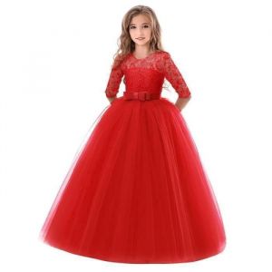 Robe de Princesse Cérémonie Longue Fille en Dentelle Robe Tulle Manches 3-4 Pour Soirée Bal Mariage - Rouge