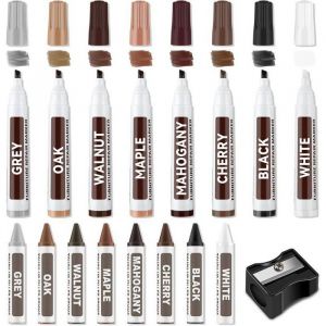 17pcs Kit de r&eacute;paration de meubles Marqueurs de R&eacute;paration pour Meubles en Bois Lot de 8 Feutre Retouche Bois + 8 B&acirc;tons d MARQUEUR