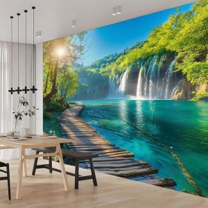 Papier Peint Mural 3D Cascade Pittoresque Avec Pont En Bois 400x280 cm  Panoramique Poster Tapisserie Photo Murale Décoration