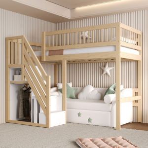 Lit mezzanine en bois massif 90*200cm lit superpos&eacute; enfant escalier avec rangements lit jeune lit simple couleur bois naturel