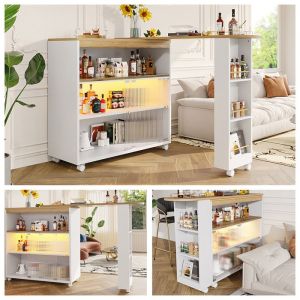 Table de bar extensible Table de bistro mobile Table debout Table haute avec Rangement Bande LED Étagères Roulettes - blanc