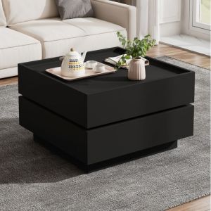 Table basse de salon Pivotante à 360° avec 2 tiroirs et rangement Noir Table basse moderne 60x60x38cm Table basse carré