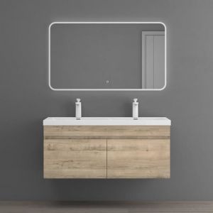 Sogood Meuble de Salle de Bain Ch&ecirc;ne Clair Ensemble de 3 Pi&egrave;ces Meuble avec Lavabo 120cm et Miroir LED Botanica avec 2 Tiroirs