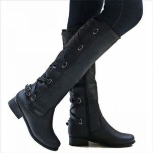Bottes hautes femmes Bottes hautes en cuir à lacets et bout rond Bottes en cuir vintage PU