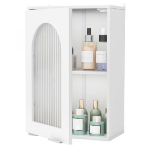COSTWAY Meuble Murale de Salle de Bain - Porte en Verre Trempé Étagère Ajustable pour Salle de Bain Salon 35x20x525cm Blanc
