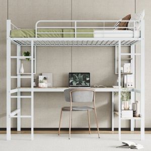 Lit mezzanine 140x200cm Lit structure en fer Lit double Lit enfant avec bureau 5 étagères de rangement et escalier - blanc