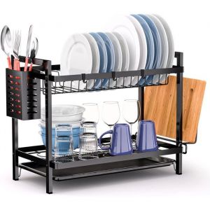 Egoutoire Vaisselle Cuisine 2 Niveaux Egouttoir Vaisselle INOX avec Porte-ustensiles et Bac Dégouttement Grand Egouttoir Evier