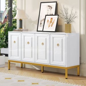 Buffet bas Maisentiel blanc laqu&eacute; 140x40x80 cm pieds m&eacute;talliques dor&eacute;s poign&eacute;es anneau dor&eacute;es MDF et panneaux