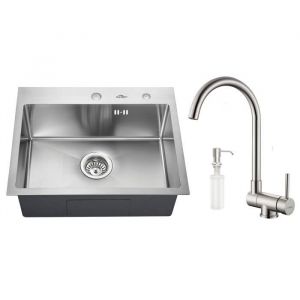 Évier 1 Bac 55x45x185 CM Évier Brossé avec Robinet Cuisine Rabattable et Distributeur de savon Évier à Encastrer en Acier Inox