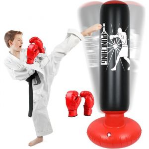 Sac de Boxe Gonflable pour Enfants 160cm Sac de Frappe sur Pied Punching Ball avec Gants Formation avec Gants de Boxe [A1]