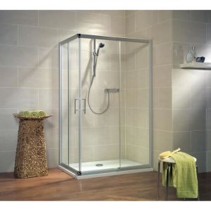 Paroi de douche accès dangle 120x80x185 cm avec portes coulissantes verre transparent profilé alu nature Schulte