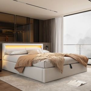 Lit Double 140x190 avec T&ecirc;te de Lit LED Multicolore Sommier &agrave; Lattes et Rangement Int&eacute;gr&eacute; en Simili-cuir Blanc(sans Matelas)