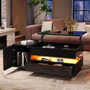 Table basse relevable 1 tiroir + 1 placard LED rangement cach&eacute; Noire 95 x 50 x 345 cm