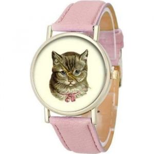 Montre - Femme - Cadran Rond - Motif - Chat - Bracelet - Cuir - Rose - Acier - Inoxydable - Dor&eacute;