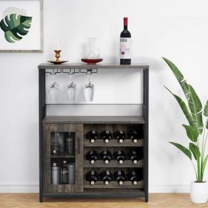LUNSY - Meuble de Bar &agrave; Vin - Buffet Industriel - Porte-Bouteilles et Porte-Verres amovible - Porte Grillag&eacute;e - 69x35x92 cm - Marron