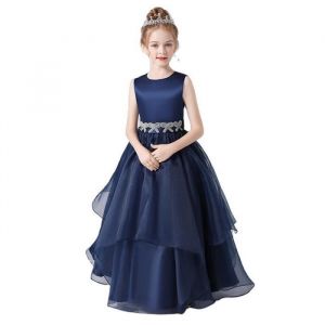 Robe de Soirée Mariage Enfant Fille Sans Manches Robe Longue de Cérémonie Col Rond Couleur Unie - Bleu marine