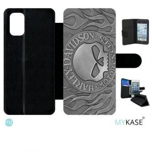 Etui &agrave; rabat compatible avec samsung galaxy a71 - harley metal - simili-cuir - bord noir