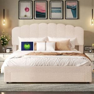Lit 160x200 avec Rangement et Sommier-Cadre de Lit Rembourré avec Type-C et USB-Teddy Velvet-1 Tiroir-2 Places-Adulte/Ado-Beige